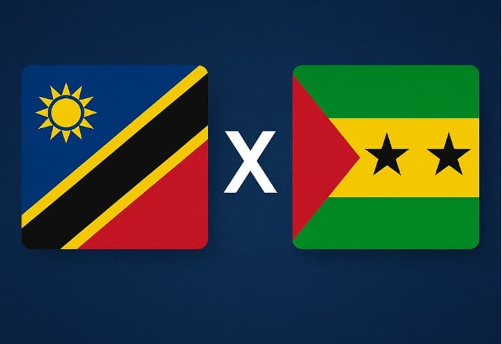 Bandeira da Namíbia à esquerda e bandeira de São Tomé e Príncipe à direita, separadas por um "X" branco central sobre fundo azul escuro
