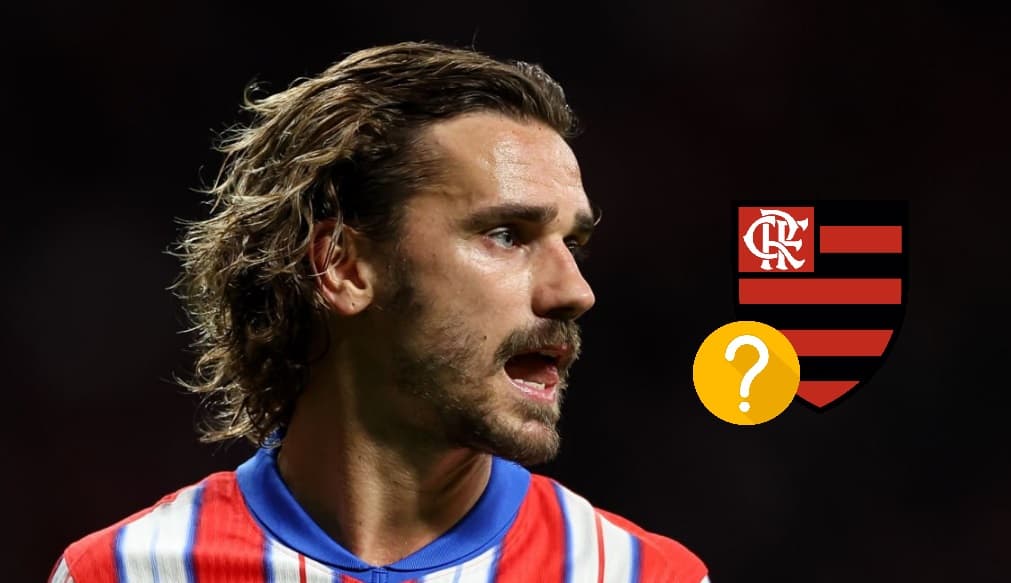 Griezmann do atlético de madrid ao lado do escudo do Flamengo