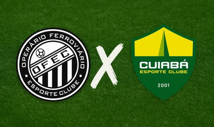 Arte digital com fundo de gramado verde, exibindo à esquerda o escudo do Operário Ferroviário (círculo preto e branco com o nome 'Operário Ferroviário Esporte Clube' e ano de fundação 1912) e à direita o escudo do Cuiabá Esporte Clube (escudo verde e amar
