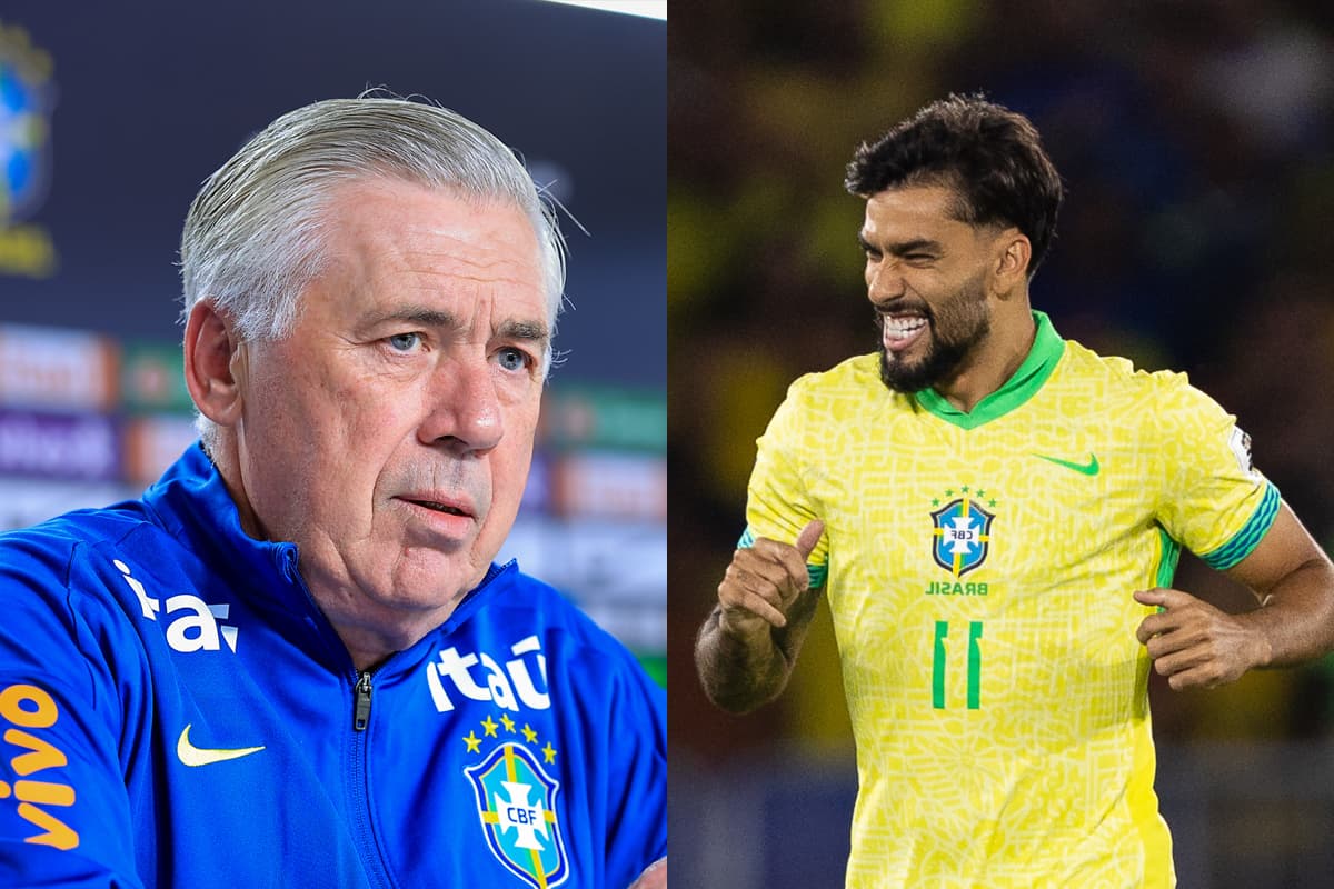 Montagem com Carlo Ancelotti durante coletiva da Seleção Brasileira ao lado de outra foto, com Lucas Paquetá sorrindo após marcar um gol pelo Brasil