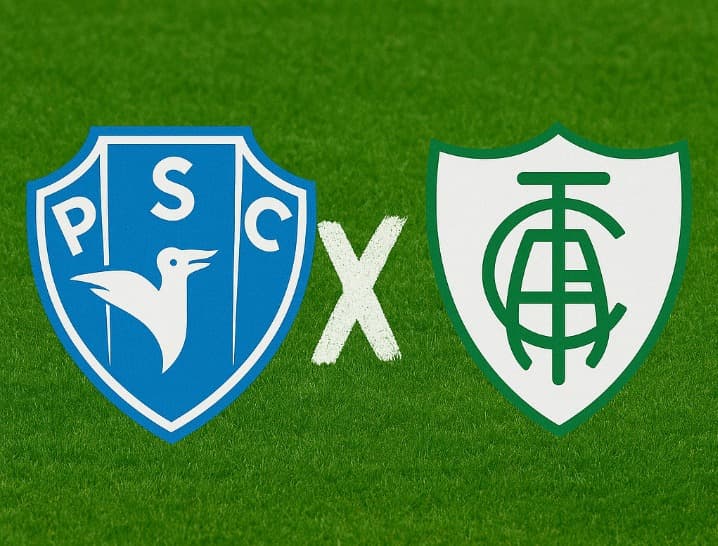 Arte digital com fundo de gramado verde, exibindo à esquerda o escudo do Paysandu Sport Club (escudo azul com letras 'PSC' e a silhueta de uma ave branca) e à direita o escudo do América-MG (escudo branco com monograma verde 'AFC'). No centro, um 'X' bran