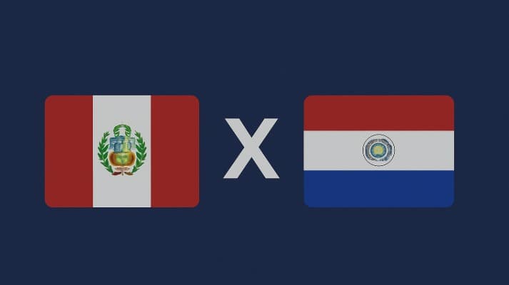 Arte digital com fundo azul, exibindo à esquerda a bandeira do Peru (três faixas verticais vermelha, branca e vermelha, com brasão no centro) e à direita a bandeira do Paraguai (três faixas horizontais vermelha, branca e azul, com brasão central). No cent