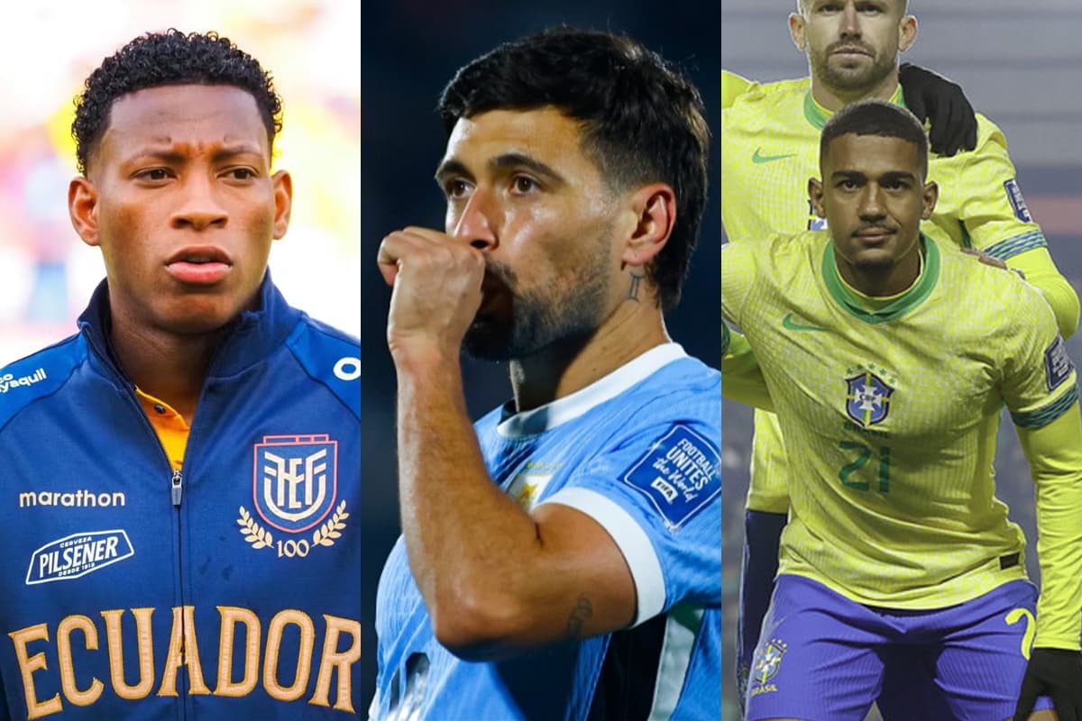 Montagem da esquerda pra direita com fotos de Plata pela Seleção do Equador, Arrascaeta comemorando gol pelo Uruguai, e Samuel Lino pela Seleção Brasileira