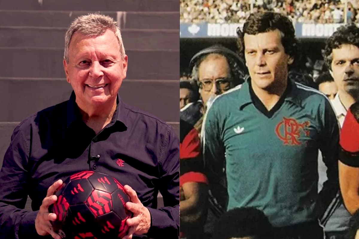 Montagem com duas fotos de Raúl Plassmann: a da esquerda sendo o anúncio dele como embaixador do Flamengo, a da direita, uma foto dele pelo Flamengo na década de 80