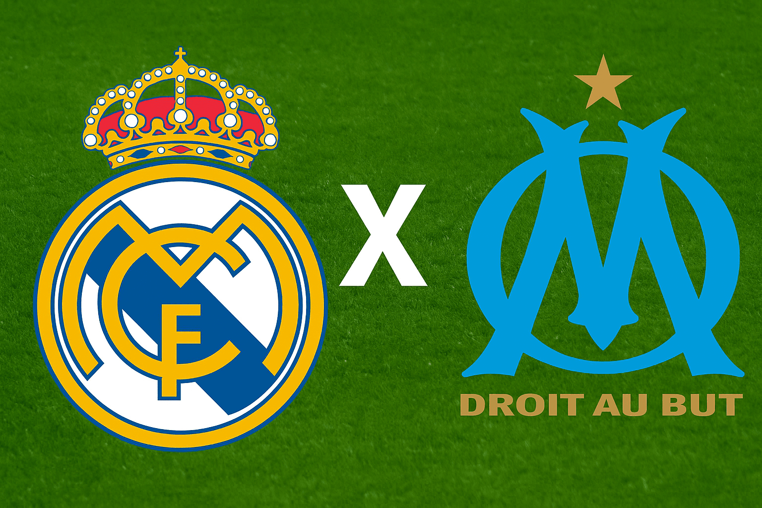 Escudos de Real Madrid e Olympique de Marseille com um gramado ao fundo