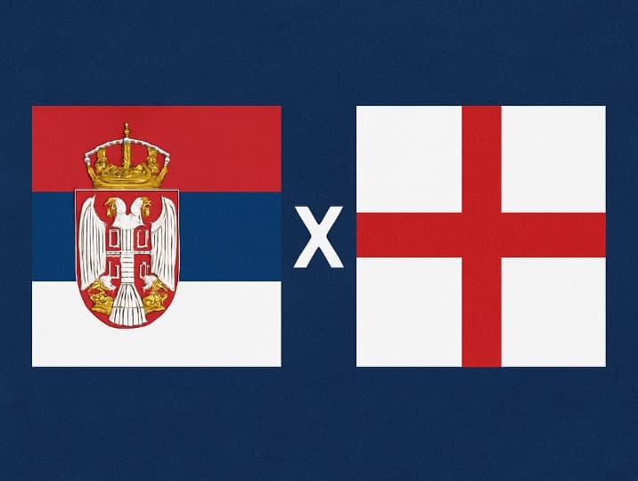 Bandeira da Sérvia à esquerda e bandeira da Inglaterra à direita, separadas por um "X" branco central sobre fundo azul escuro