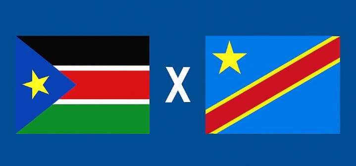 Bandeiras do Sudão do Sul e da República Democrática do Congo lado a lado com um X central em fundo azul, representando o confronto pelas Eliminatórias da Copa do Mundo 2026