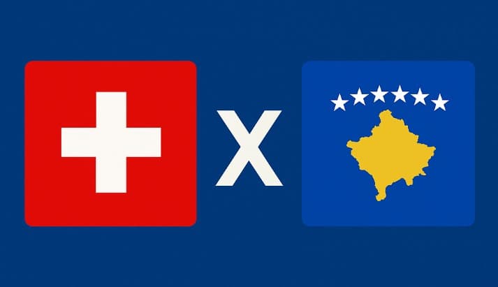 Bandeiras da Suíça e de Kosovo lado a lado com um X no meio sobre fundo azul, representando o confronto das Eliminatórias da Copa do Mundo 2026