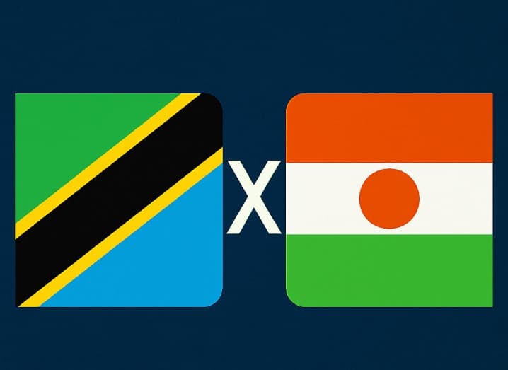 Bandeira da Tanzânia à esquerda e bandeira do Níger à direita, separadas por um "X" branco central sobre fundo azul escuro