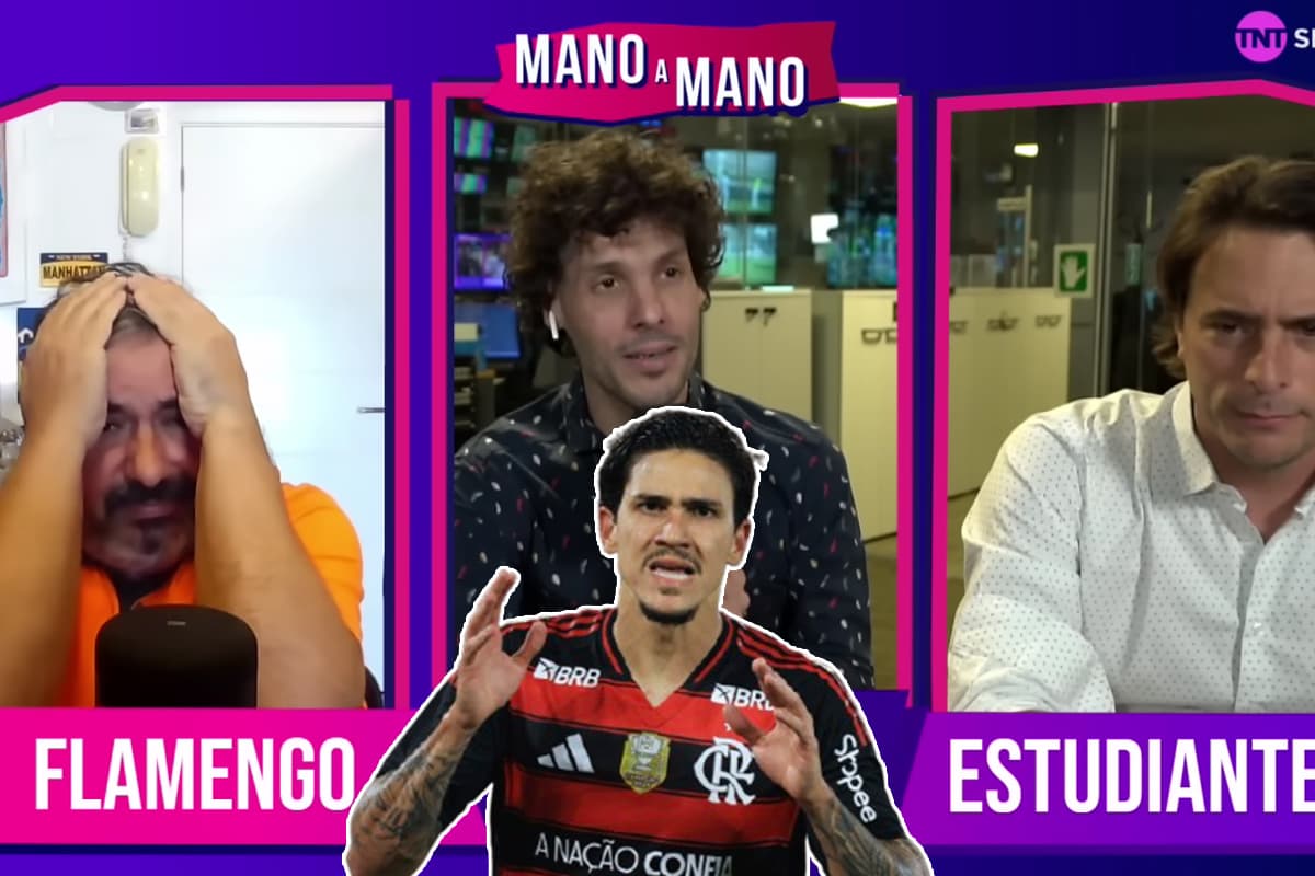 Montagem com trecho de vídeo da TNT Sports sobre mano a mano entre Flamengo e Estudiantes com foto de Pedro lamentando jogada durante uma partida
