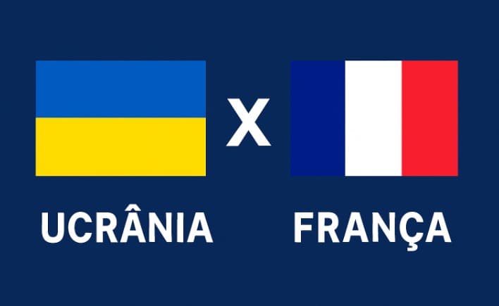 Imagem das bandeiras da Ucrânia e França com um X branco central em fundo azul, representando confronto pelas Eliminatórias da Copa do Mundo 2026.