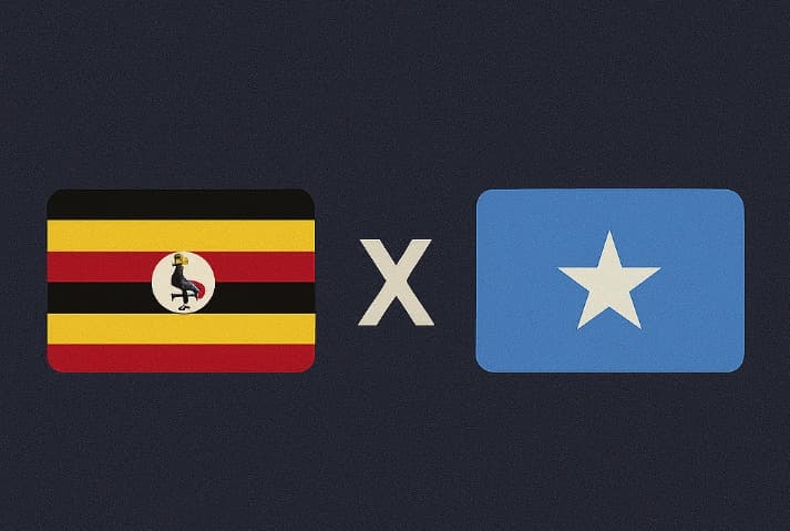 Bandeira de Uganda à esquerda e bandeira da Somália à direita, separadas por um "X" branco central sobre fundo azul escuro