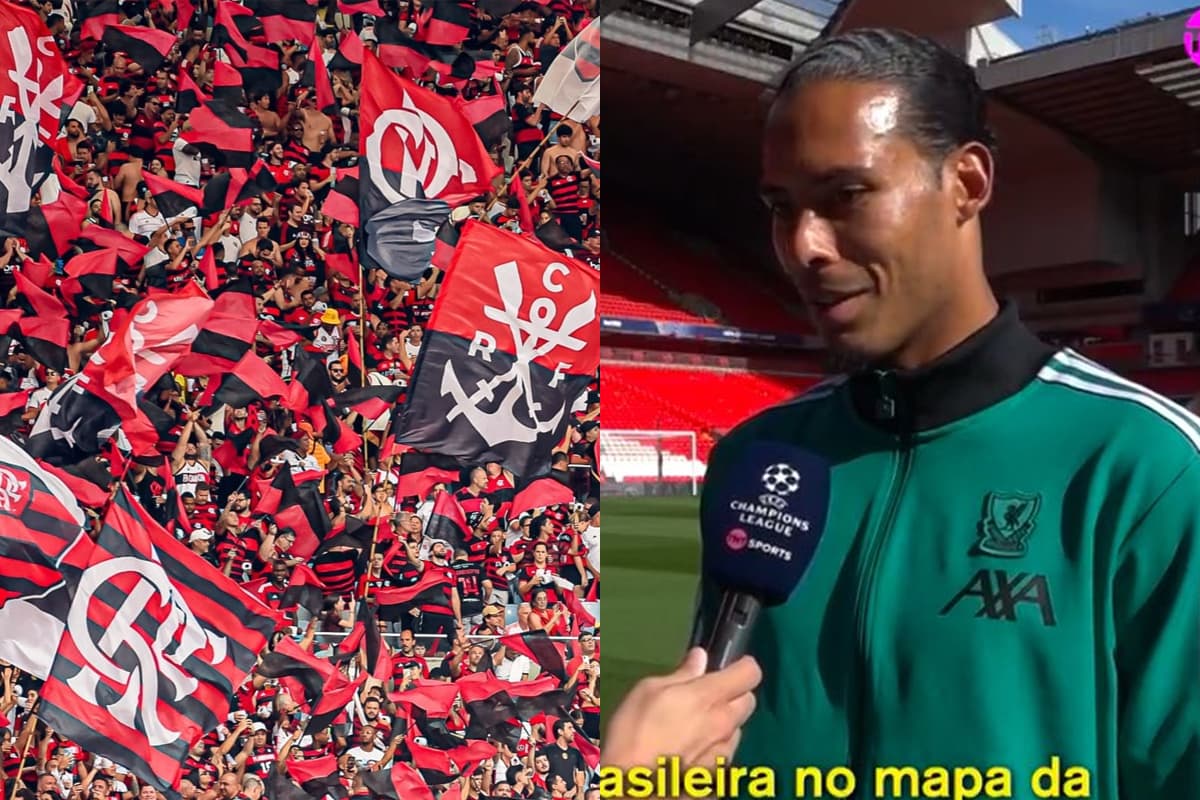 Montagem com torcida do Flamengo no Maracanã (à esquerda) e trecho de entrevista de Van Dijk à TNT Sports