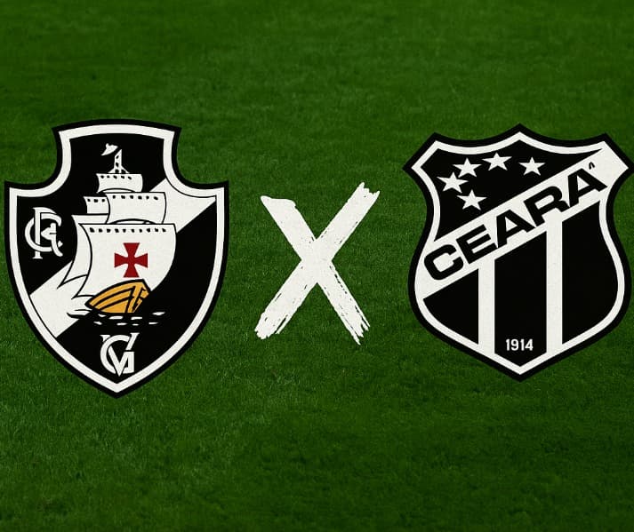 Arte digital com fundo de gramado verde, exibindo à esquerda o escudo do Vasco da Gama (escudo preto com caravela branca, cruz vermelha e faixa diagonal branca) e à direita o escudo do Ceará Sporting Club (escudo preto e branco com listras verticais, estr