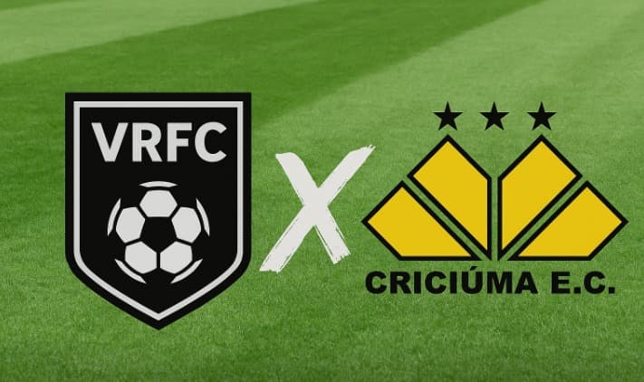 Arte digital com fundo de gramado verde de estádio, exibindo à esquerda o escudo do Volta Redonda (VRFC) e à direita o escudo do Criciúma E.C. No centro, um 'X' branco estilizado separa os dois escudos, simbolizando o confronto