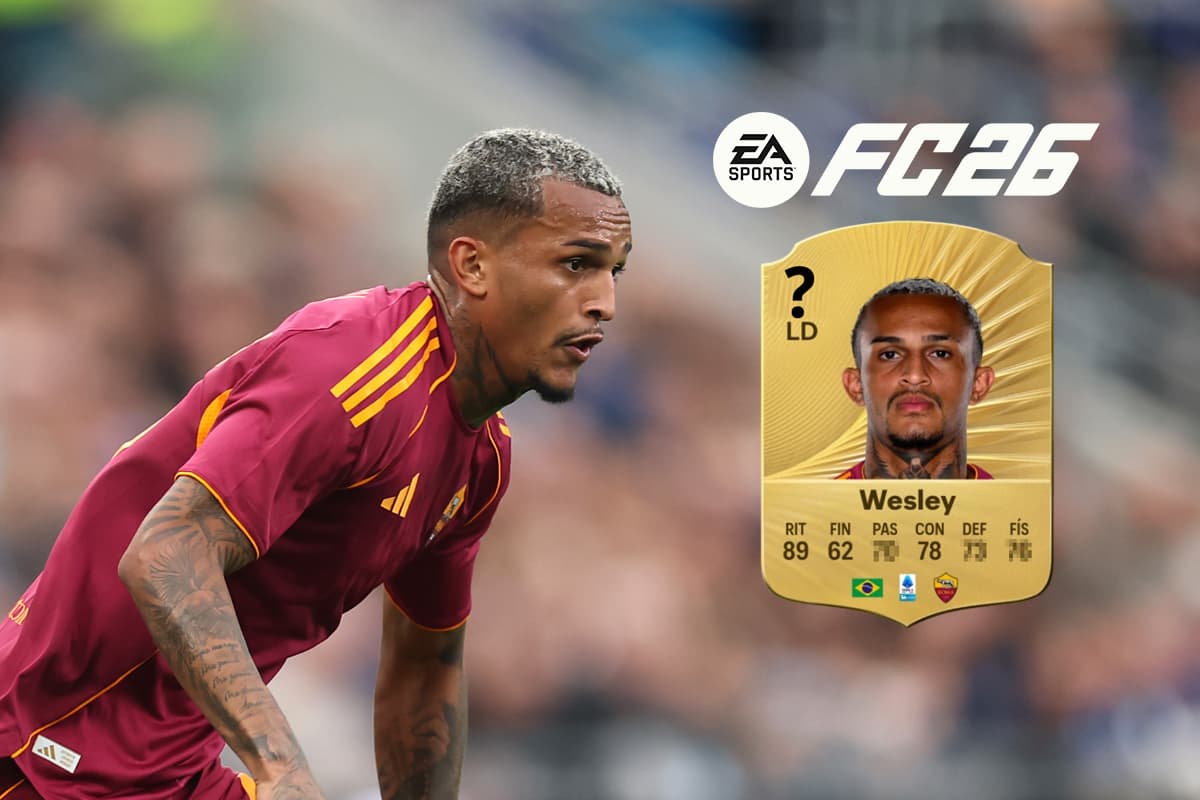 Montagem com Wesley jogando pela Roma, ao lado, a logo do ea fc 26 com a carta de Wesley no game