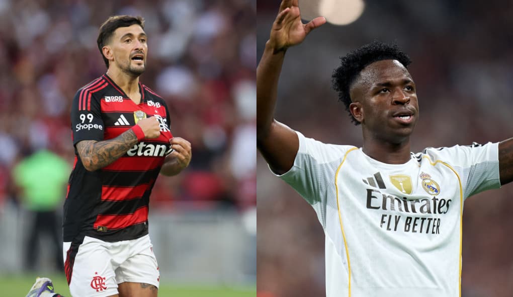 Arrascaeta comemora gol no Maracanã e aponta para escudo do Flamengo no Manto; Vini Jr comemora gol pelo Real Madrid com as mãos para cima