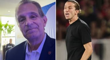 Montagem com Bap com semblante simpático à esquerda e Filipe Luís gritando na beira do campo durante jogo do Flamengo à direita