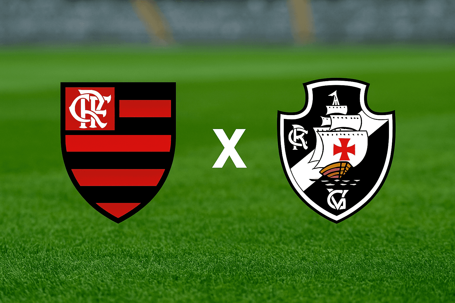 Escudos de Flamengo e Vasco lado a lado com fundo de campo de futebol para matéria de onde assistir ao duelo pelo Campeonato Carioca Feminino 2025
