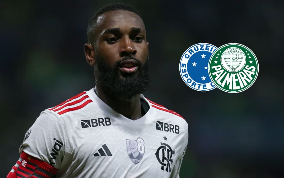 Gerson com o segundo uniforme do Flamengo; escudos de Cruzeiro e Palmeiras