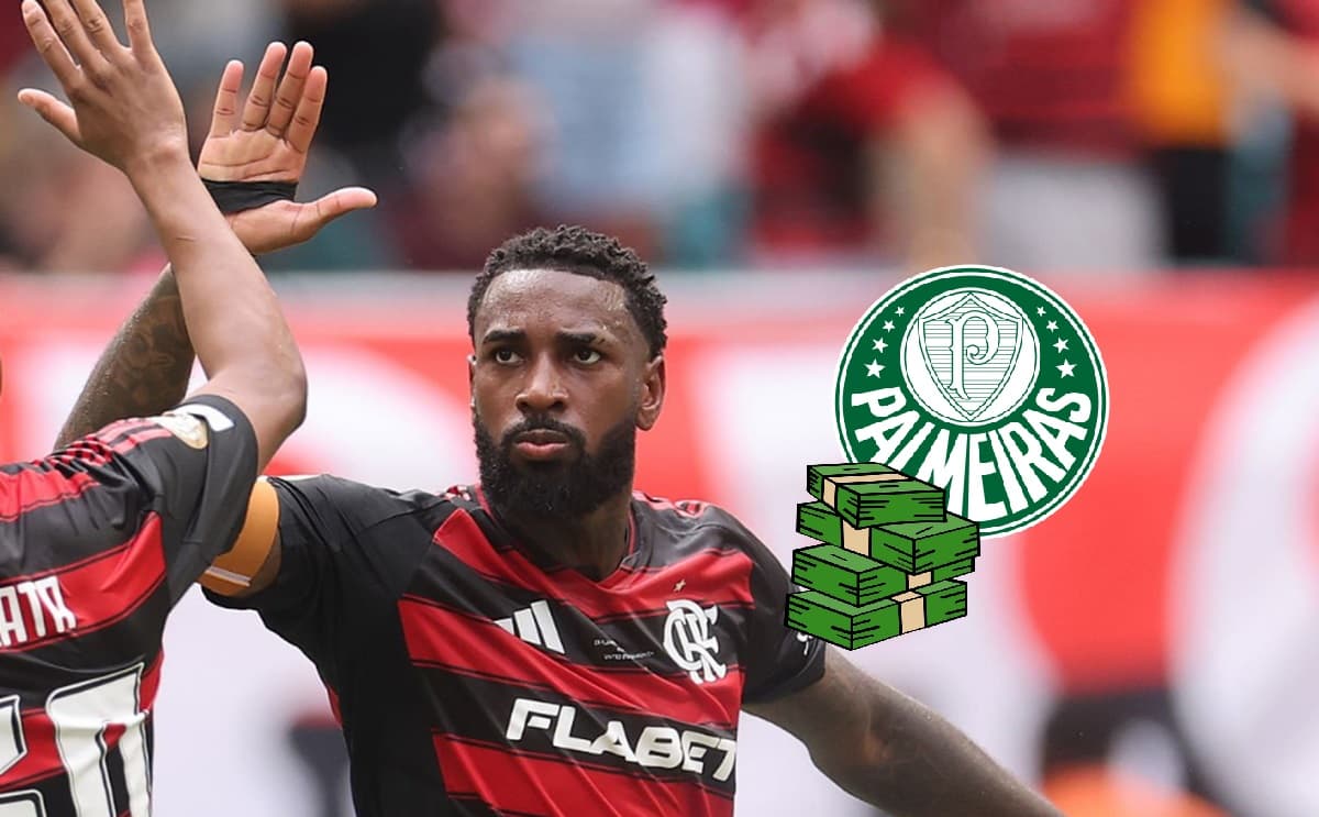 Montagem com Gerson sério cumprimentando Plata com escudo do Palmeiras e maços de dinheiro