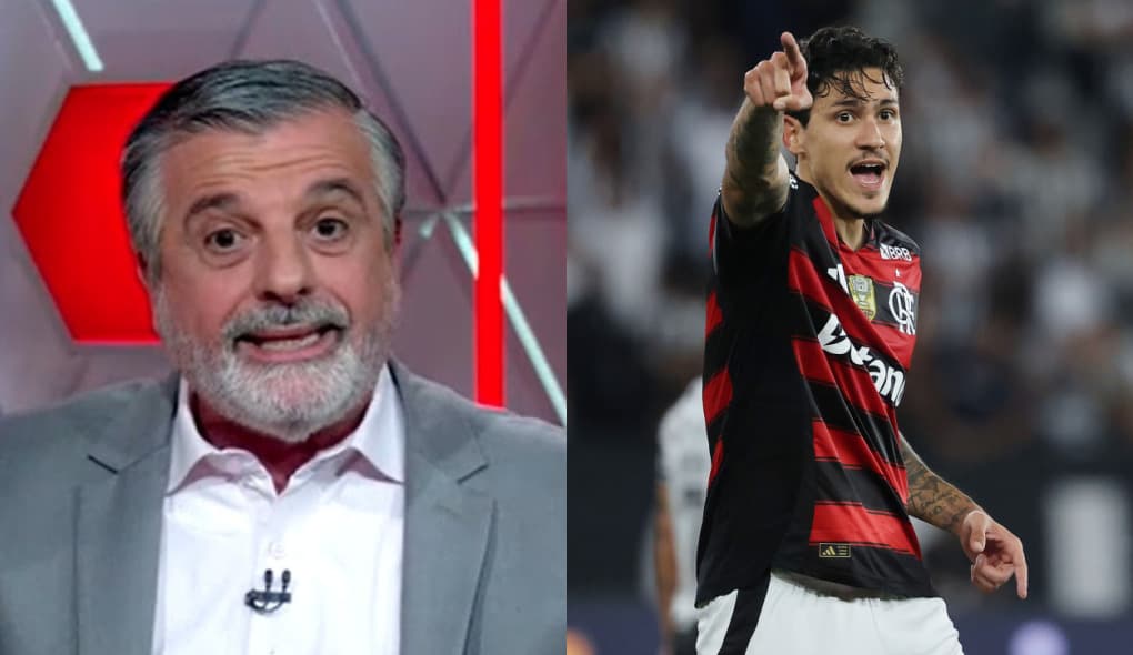Jornalista Osvaldo Pascoal comentando sobre titularidade de Pedro no Flamengo/Pedro gesticulando durante jogo entre Botafogo x Flamengo no Brasileirão