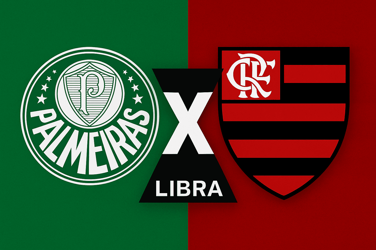 Escudos de Palmeiras e Flamengo lado a lado, separados por um X com a palavra “Libra” no centro, simbolizando disputa entre os clubes.