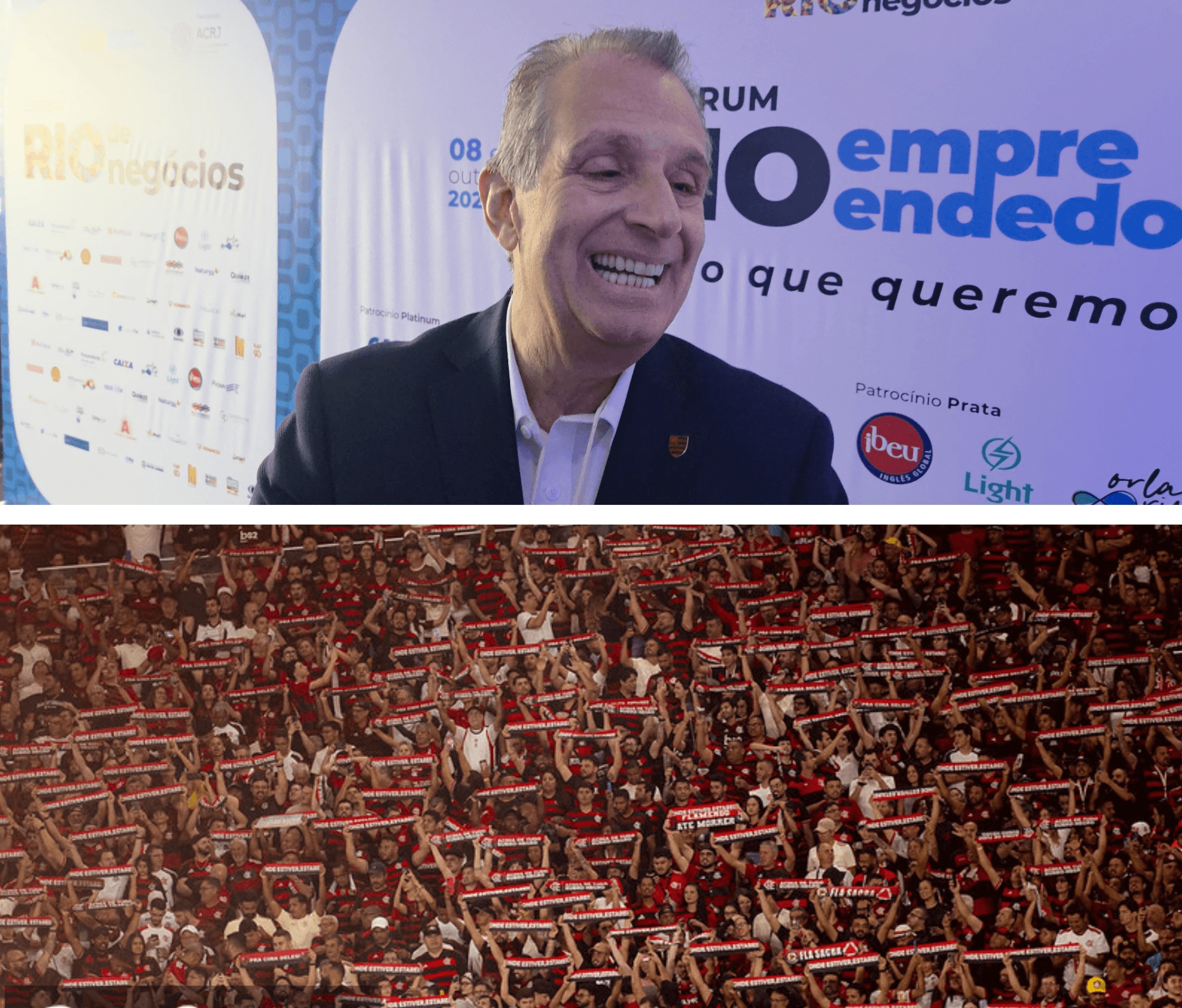 Montagem com Bap (em cima) sorridente em entrevista no Forum Rio Empreendedor e torcida do Flamengo com faixas no Maracanã na parte de baixo
