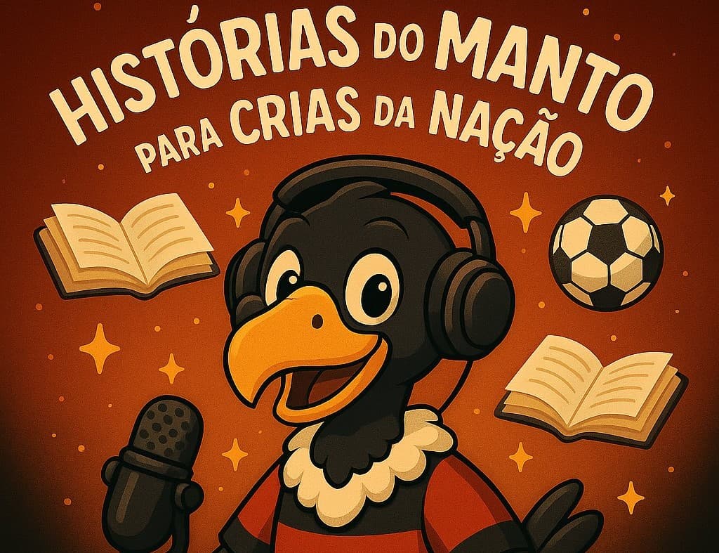 Imagem gerada por IA que tem urubu "apresentador" do podcast e o nome do projeto 'Histórias do Manto para Crias da Nação'