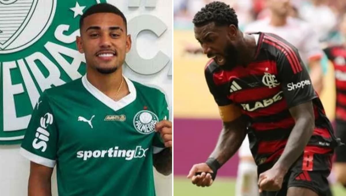 Riquelme Fillipi com a camisa do Palmeiras; Gerson comemorando com pelo Flamengo