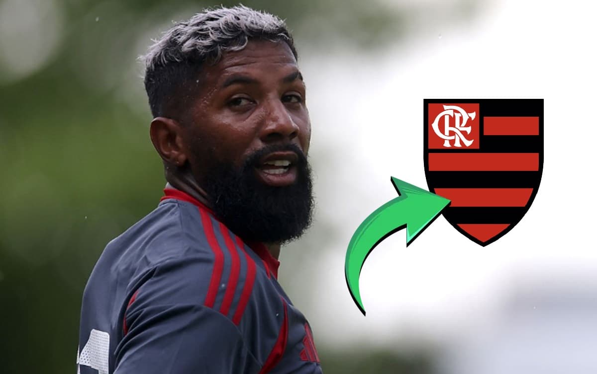 Rodinei em jogo do Olympiacos; escudo do Flamengo com seta