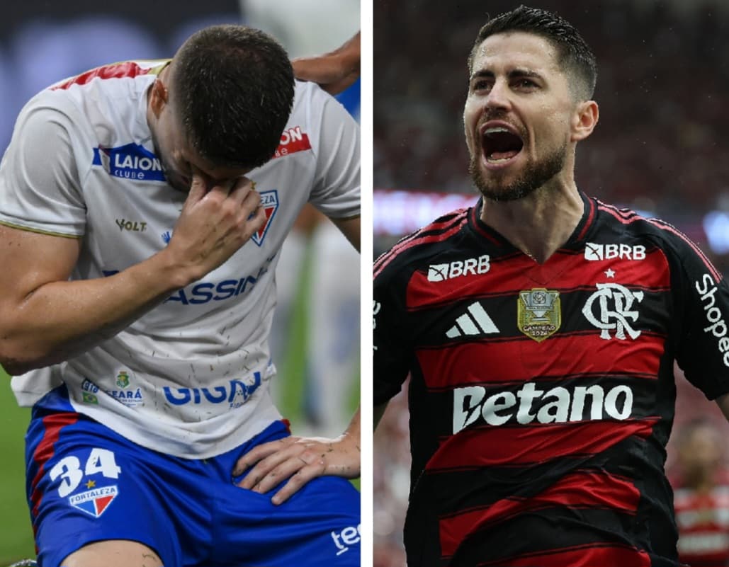 De um lado, Gazal leva mão ao rosto, do outro, Jorginho comemora gol pelo Flamengo