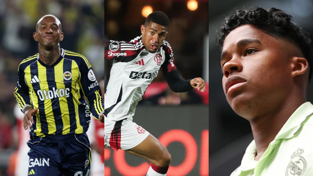 Talisca, com a camisa do Fenerbahçe, Samuel Lino, correndo em jogo do Flamengo, e Endrick, do Real Madrid