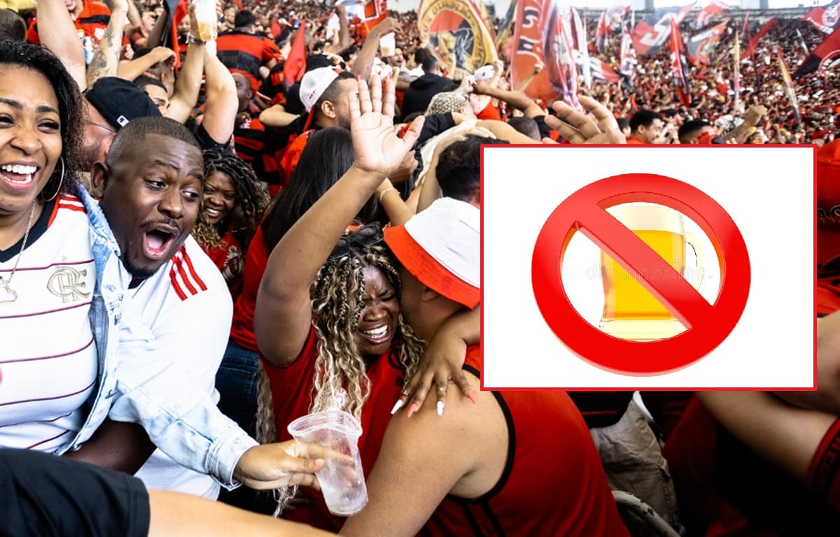 Torcida do Flamengo comemora gol no Maracanã; sinalização de proibido beber cerveja