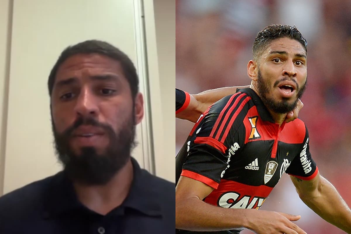 Montagem da esquerda pra direita: trecho de entrevista com zagueiro Wallace, ex-Flamengo, e foto do jogador comemorando gol pelo Flamengo, no Maracanã, em 2014
