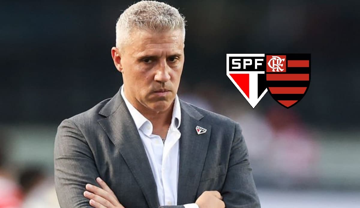 Crespo em jogo do São Paulo; escudos do São Paulo e Flamengo