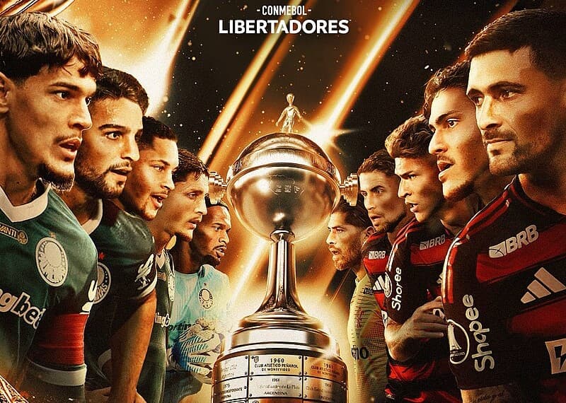 Arte da Conmebol com destaques de Flamengo e Palmeiras e taça no centro, para divulgar final