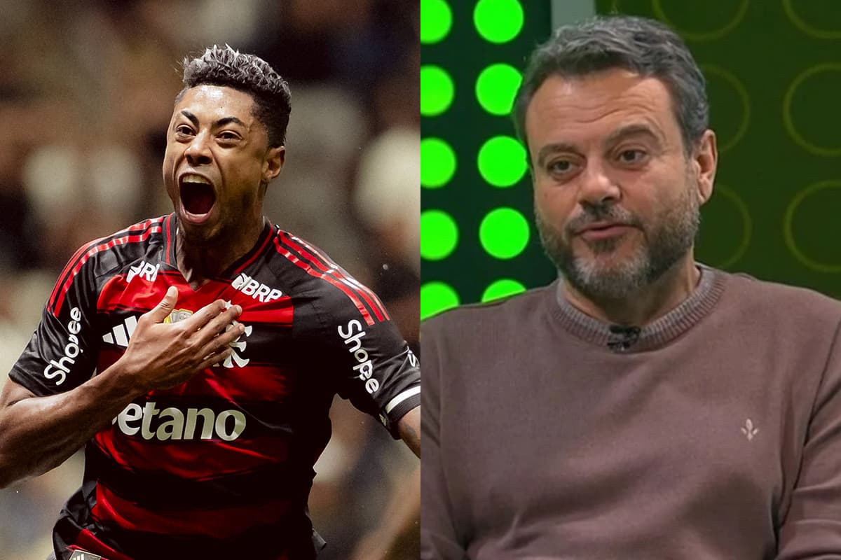 Montagem da esquerda pra direita com Bruno Henrique comemorando gol contra Atlético-MG e Eric Faria durante o programa "Fechamento SporTV"