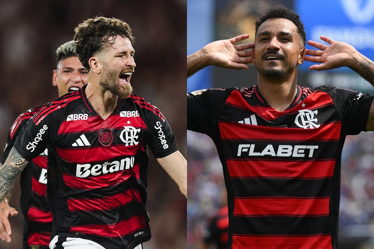 Montagem da esquerda pra direita: Léo Pereira comemorando gol contra o Santos pelo Flamengo e Danilo comemorando gol contra Chelsea pelo Flamengo