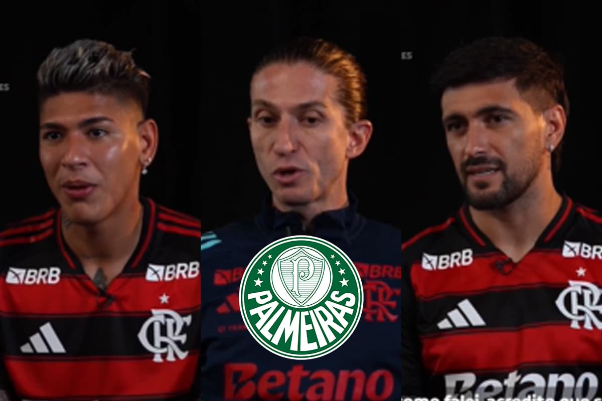 Montagem com Carrascal, Filipe Luís e Arrascaeta. Abaixo, o escudo do Palmeiras
