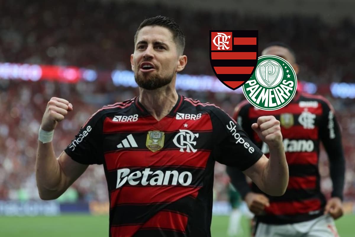 Montagem com foto de Jorginho comemorando gol pelo Flamengo. Ao lado, os escudos de Flamengo e Palmeiras