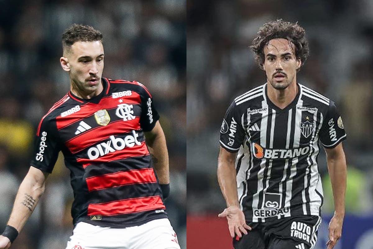 Montagem da esquerda pra direita: Léo Ortiz durante Atlético-MG x Flamengo e Igor Gomes durante partida do Atlético-MG