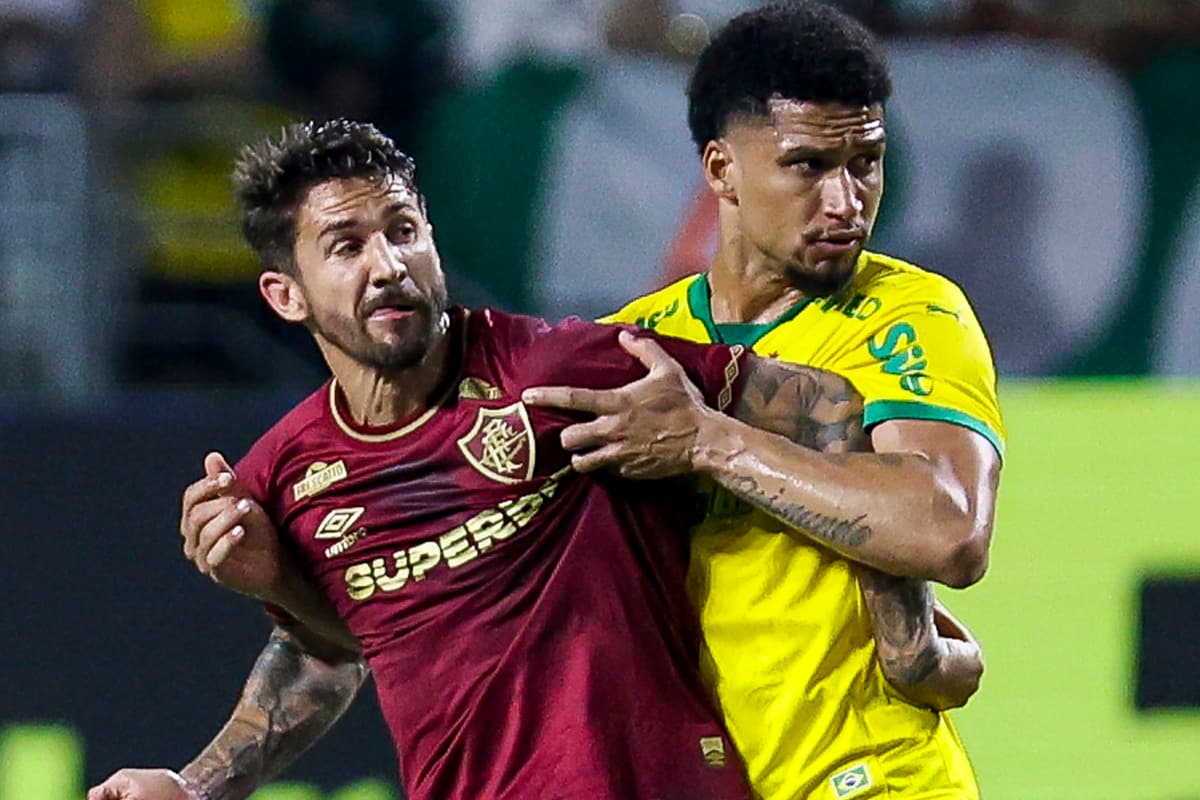 Jogadores de Fluminense e Palmeiras seguram um ao outro em disputa física durante jogo do Brasileirão