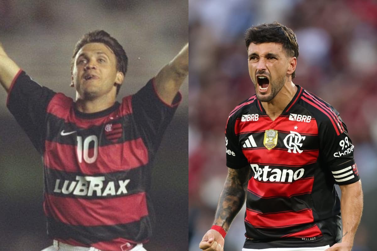 Petkovic comemorando gol pelo Flamengo em 2001 e Arrascaeta comemorando gol contra o Grêmio em 2025