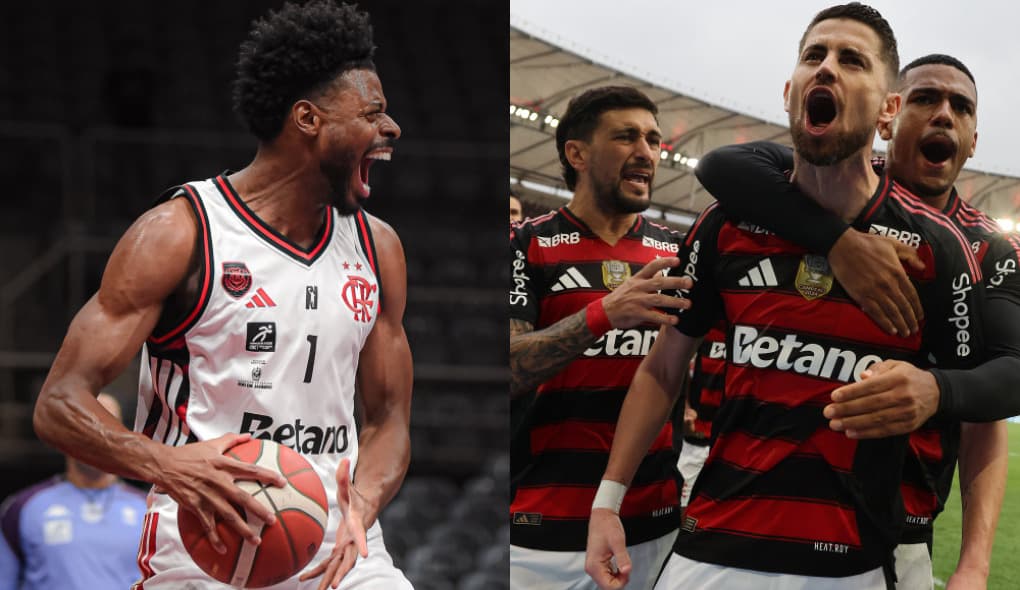 Gui Deodato comemora cesta (esquerda); jorginho, Arrasceta e Samu Lino comemoram gol (direita)