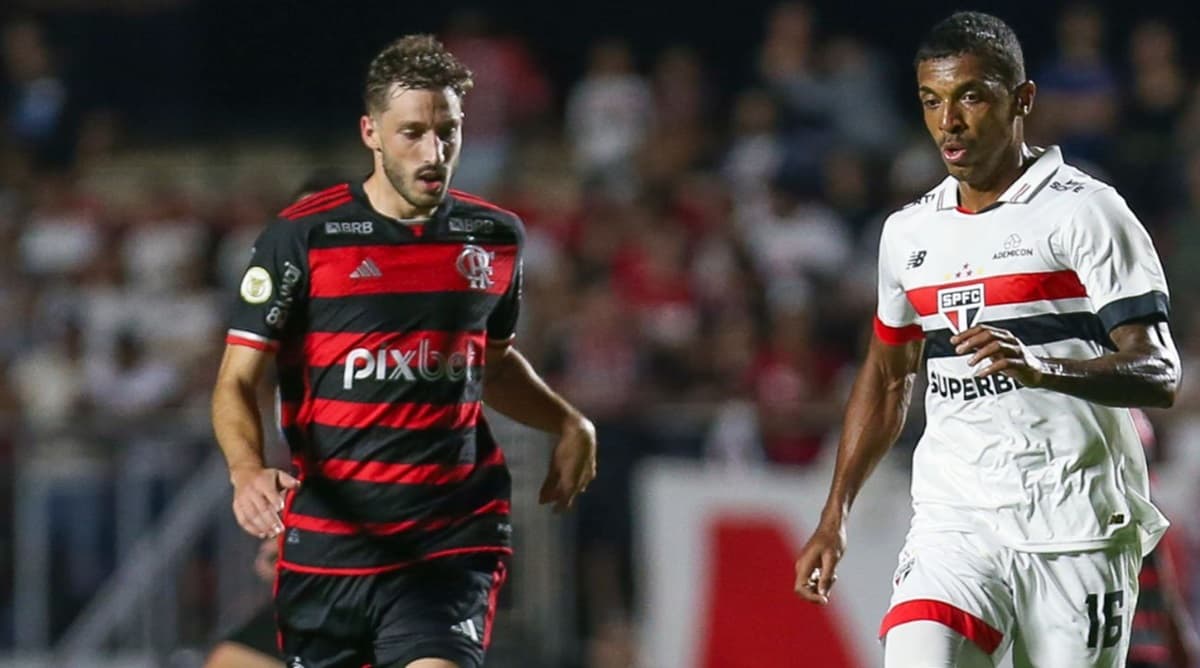 Flamengo e São Paulo em jogo no Morumbi em 2024; Viña e Luiz Gustavo