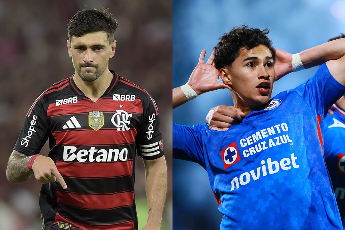 Montagem com Arrascaeta e Angel Marquez, de Flamengo e Cruz Azul, comemorando seus gols