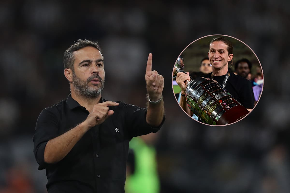 Montagem com Artur Jorge gesticulando durante partida do Botafogo e Filipe Luís com a taça da Libertadores 2025
