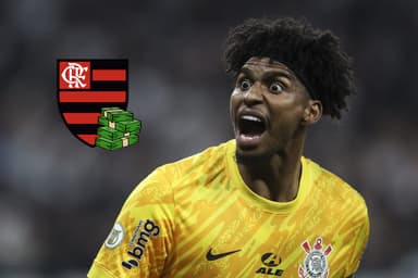 Montagem de Hugo Souza com a camisa do Corinthians ao lado do escudo do Flamengo com notas de dinheiro