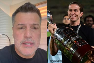 Montagem de Julio Cesar durante vídeo publicado no Instagram ao lado de Filipe Luís com a taça da Libertadores pelo Flamengo